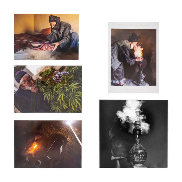 Cannabis postcard from Afghanistan: A set of five postcards featuring an Afghan man smoking hashish, his head partially obscured by clouds of smoke, with each card showcasing varying angles and artistic compositions.